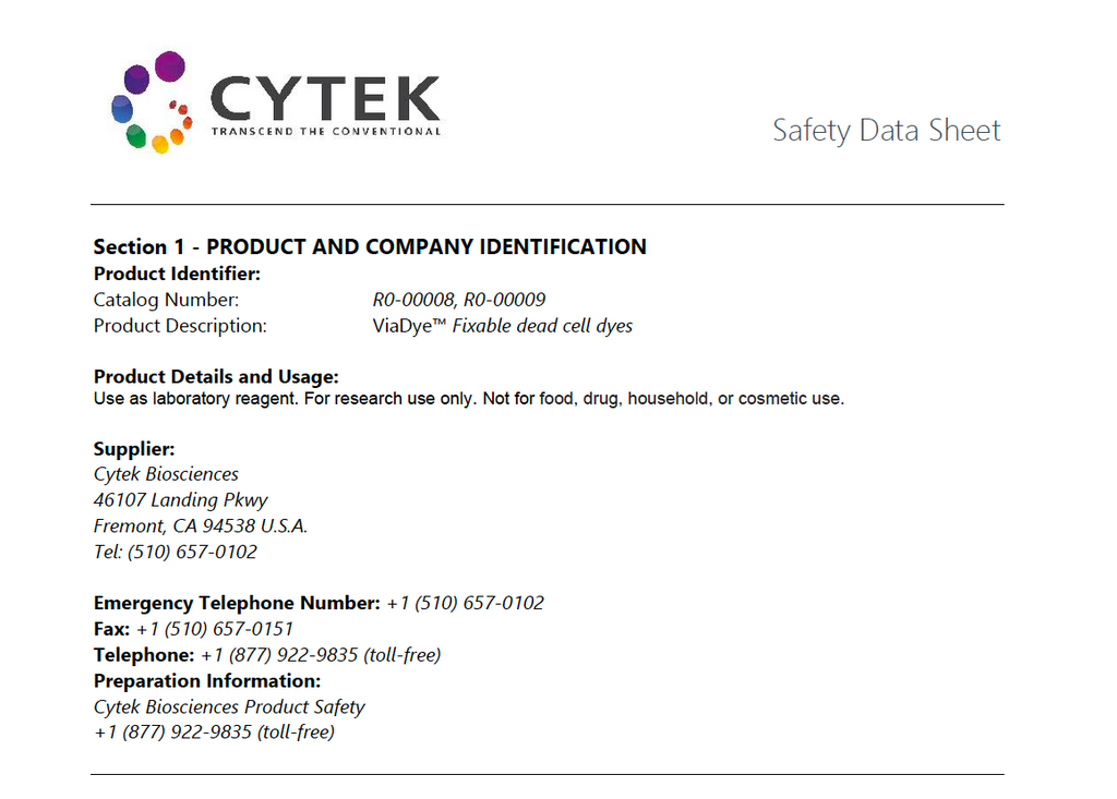 ViaDye™ Fixable Viability Dyes Safety Data Sheet (SDS) Cytek Biosciences