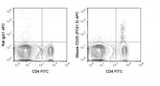 C57Bl/6 splenocytes were stained with FITC Anti-Mouse CD4 (35-0041) and 0.125 ug APC Anti-Mouse CD25 (20-0251) (right panel) or 0.125 ug APC Rat IgG1 (left panel).
