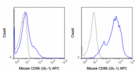 C57Bl/6 splenocytes were unstimulated (left panel) or stimulated for 3 days with LPS (right panel) and stained with 0.06 ug APC Anti-Mouse CD86 (20-0862) (solid line) or 0.06 ug APC Rat IgG2a isotype control (dashed line).
