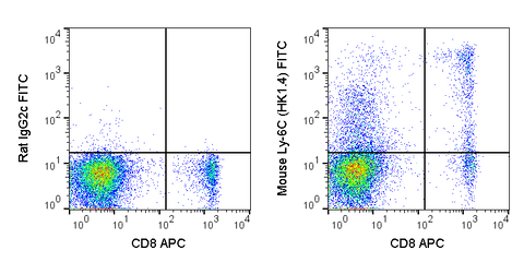 C57Bl/6 spleen cells were stained with APC Anti-Mouse CD8a (20-0081) and 0.25 ug FITC Anti-Mouse Ly-6C (35-5932) (right panel) or 0.25 ug FITC Rat IgG2c isotype control (left panel).