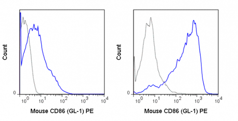 C57Bl/6 splenocytes were unstimulated (left panel) or stimulated for 3 days with LPS (right panel) and stained with 0.125 ug PE Anti-Mouse CD86 (50-0862) (solid line) or 0.125 ug PE Rat IgG2a isotype control (dashed line).