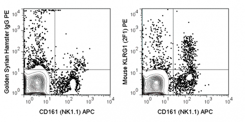 C57Bl/6 splenocytes were stained with APC Anti-Mouse NK1.1 and 0.25 ug PE Anti-Mouse KLRG1 (50-5893) (right panel) or 0.25 ug PE Golden Syrian Hamster IgG (left panel).