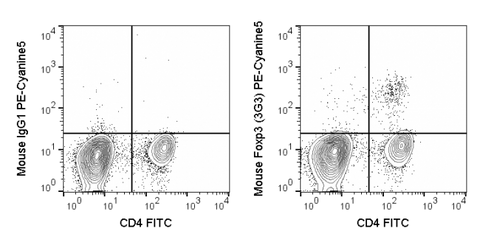 C57Bl/6 splenocytes were stained with FITC Anti-Mouse CD4 (35-0042), followed by intracellular staining with 0.25 ug PE-Cyanine5 Anti-Mouse Foxp3 (55-5773) (right) or 0.25 ug PE-Cyanine5 Mouse IgG1 isotype control (left).