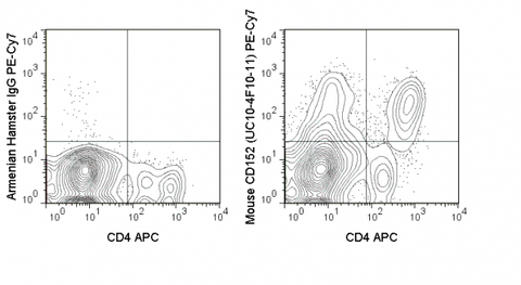 C57Bl/6 splenocytes were stimulated for 3 days with ConA and stained with APC Anti-Mouse CD4 (20-0041) followed by intracellular staining with 0.125 ug PE-Cy7 Anti-Mouse CD152 (60-1522) (right) or 0.125 ug PE-Cy7 Armenian Hamster isotype control (left).