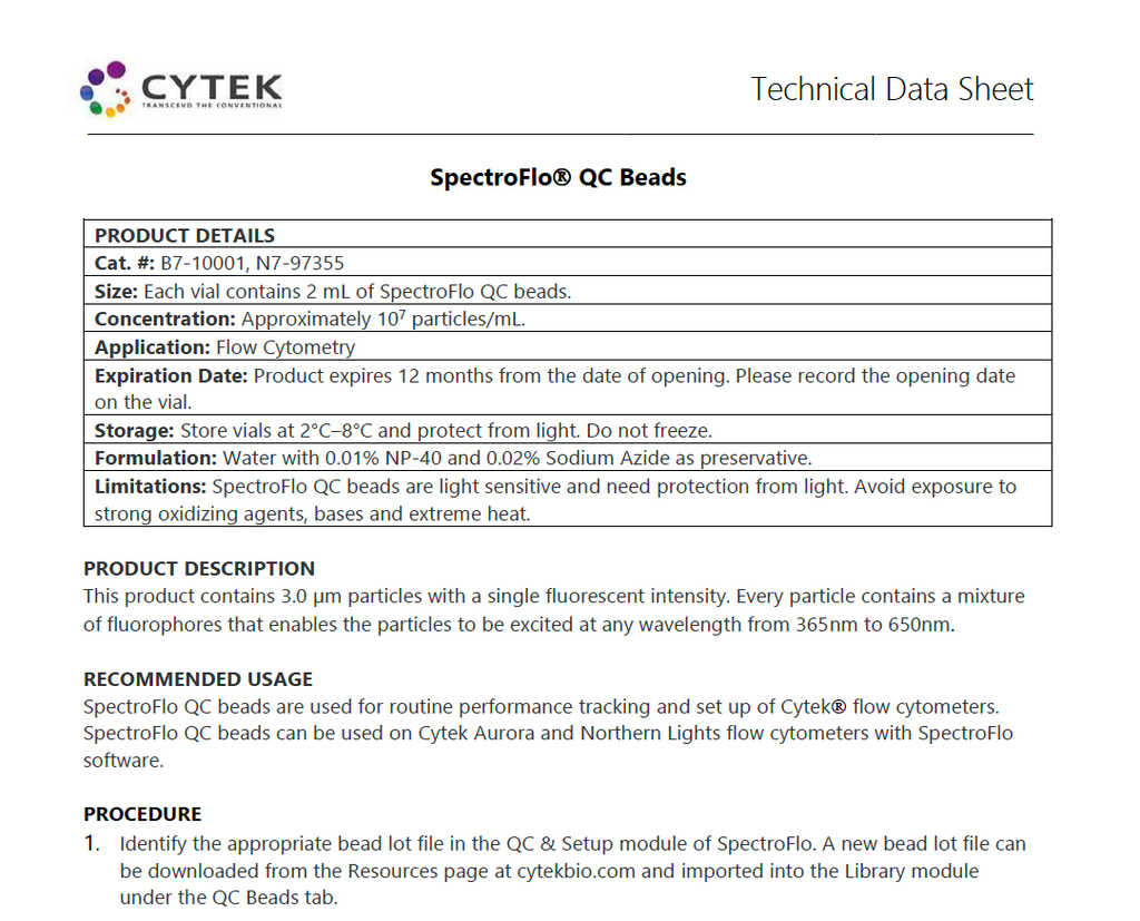 Spectroflo Interface SpectroFlo QC Beads Technical Data Sheet (TDS) | Cytek Biosciences