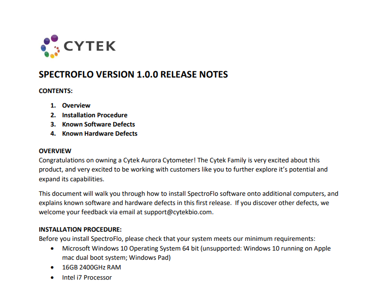 Spectroflo Interface SpectroFlo v1.0 Software Release Notes | Cytek Biosciences