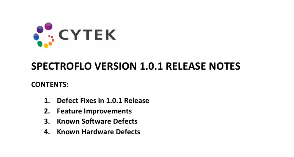 Spectroflo Interface SpectroFlo v1.0.1 Software Release Notes | Cytek Biosciences