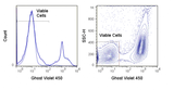 LEFT: Mouse thymocytes were incubated overnight at 4°C (dashed) or 37°C (solid) and stained with Ghost Dye<sup>&reg;</sup> Violet 450.  RIGHT:  Mouse splenocytes were stimulated overnight with PMA and stained with Ghost Violet 450. Viable gate is indicated.