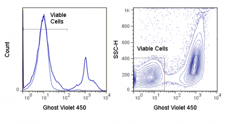 LEFT: Mouse thymocytes were incubated overnight at 4°C (dashed) or 37°C (solid) and stained with Ghost Dye<sup>&reg;</sup> Violet 450.  RIGHT:  Mouse splenocytes were stimulated overnight with PMA and stained with Ghost Violet 450. Viable gate is indicated.