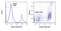 LEFT: Mouse thymocytes were incubated overnight at 4°C (dashed) or 37°C (solid) and stained with Ghost Dye<sup>&reg;</sup> Violet 450.  RIGHT:  Mouse splenocytes were stimulated overnight with PMA and stained with Ghost Violet 450. Viable gate is indicated.