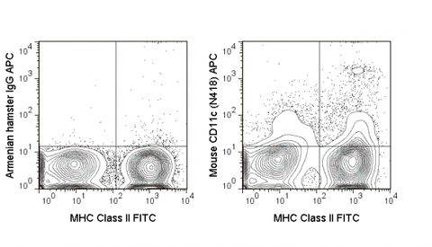 C57Bl/6 splenocytes were stained with FITC Anti-Mouse MHC Class II (35-5321) and 0.125 ug APC Anti-Mouse CD11c (20-0114) (right panel) or 0.125 ug APC Armenian Hamster IgG (left panel).