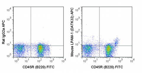 C57Bl/6 bone marrow cells were stained with FITC Anti-Mouse CD45R (B220) (35-0452) and 0.25 ug APC Anti-Mouse LPAM-1 (20-5887) (rlght panel) or 0.25 ug APC Rat IgG2a isotype control (left panel).
