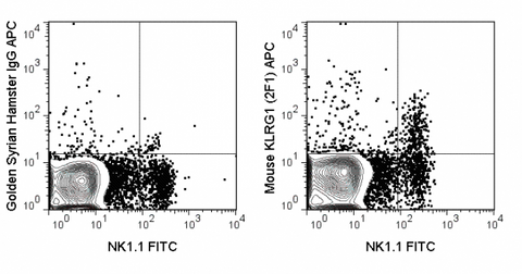 C57Bl/6 splenocytes were stained with FITC Anti-Mouse NK1.1 (35-5941) and 0.06 ug APC Anti-Mouse KLRG1 (20-5893) (right panel) or 0.06 ug APC Golden Syrian Hamster IgG (left panel).