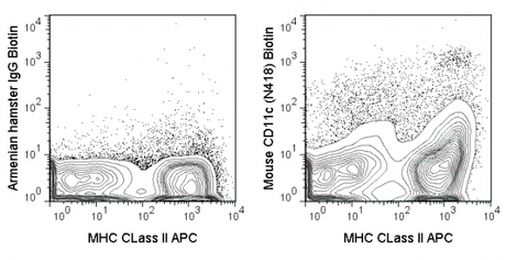 C57Bl/6 splenocytes were stained with APC MHC CLass II and 0.03 ug Biotin Anti-Mouse CD11c (30-0114) (right panel) or 0.03 ug Biotin Armenian hamster IgG isotype control (left panel), followed by Streptavidin PE.