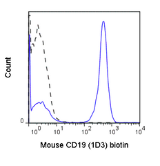 C57Bl/6 splenocytes were stained with 0.125 ug Anti-Mouse CD19 Biotin (30-0193) (solid line) or 0.125 ug Rat IgG2a Biotin isotype control (dashed line), followed by Streptavidin PE.