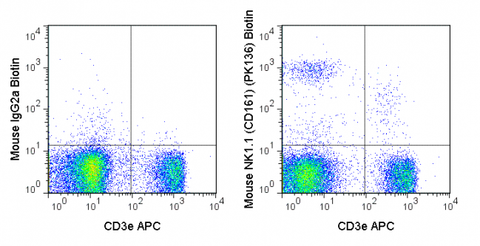 C57Bl/6 splenocytes were stained with APC Anti-Mouse CD3e (20-0031) and 0.25 ug Biotin Anti-Mouse NK1.1 (CD161) (30-5941) (right panel) or 0.25 ug Biotin Mouse IgG2a isotype control (left panel) followed by Streptavidin PE.