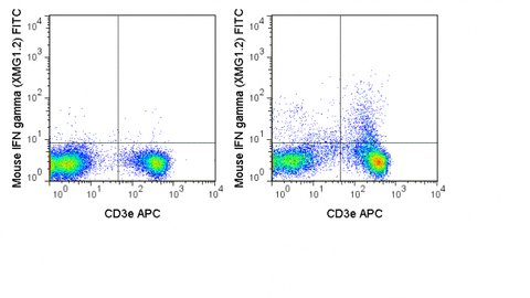 C57Bl/6 splenocytes were stimulated with PMA and Ionomycin (right panel) or unstimulated (left panel) and then stained with APC Anti-Mouse CD3e (20-0031), followed by intracellular staining with 0.125 ug FITC Anti-Mouse IFN gamma (35-7311).
