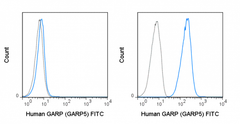 Untransfected (left) or GARP transfected (right) cells were stained with 5 uL (0.5 ug) FITC Anti-Human GARP (35-9882) (solid line) or 0.5 ug FITC Mouse IgG1 isotype control (dashed line).