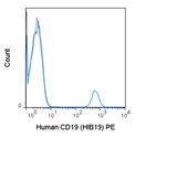 Human peripheral blood lymphocytes were stained with 5 uL (0.25 ug) PE Anti-Human CD19 (50-0199) (solid line) or 0.25 ug PE Mouse IgG1 isotype control (dashed line).