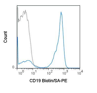 C57Bl/6 splenocytes were stained with Biotin Anti-Mouse CD19 (solid line) or Biotin Rat IgG2a isotype control (dashed line), followed by 0.06 ug PE Streptavidin (50-4317).