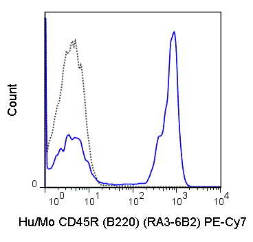 C57Bl/6 splenocytes were stained with 0.125 ug PE-Cy7 Anti-Hu/Mo CD45R (B220) (60-0452) (solid line) or 0.125 ug PE-Cy7 Rat IgG2a isotype control (dashed line).