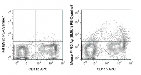 C57Bl/6 bone marrow cells were stained with APC Anti-Mouse CD11b (20-0112) and 0.25 ug PE-Cyanine7 Anti-Mouse F4/80 Antigen (60-4801) (right panel) or 0.25 ug PE-Cyanine7 Rat IgG2b isotype control (left panel).