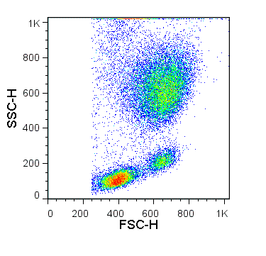 Human peripheral blood cells were lysed with RBC Lysis Buffer (TNB-4300-L100). The scatter profile of lysed cells is shown.